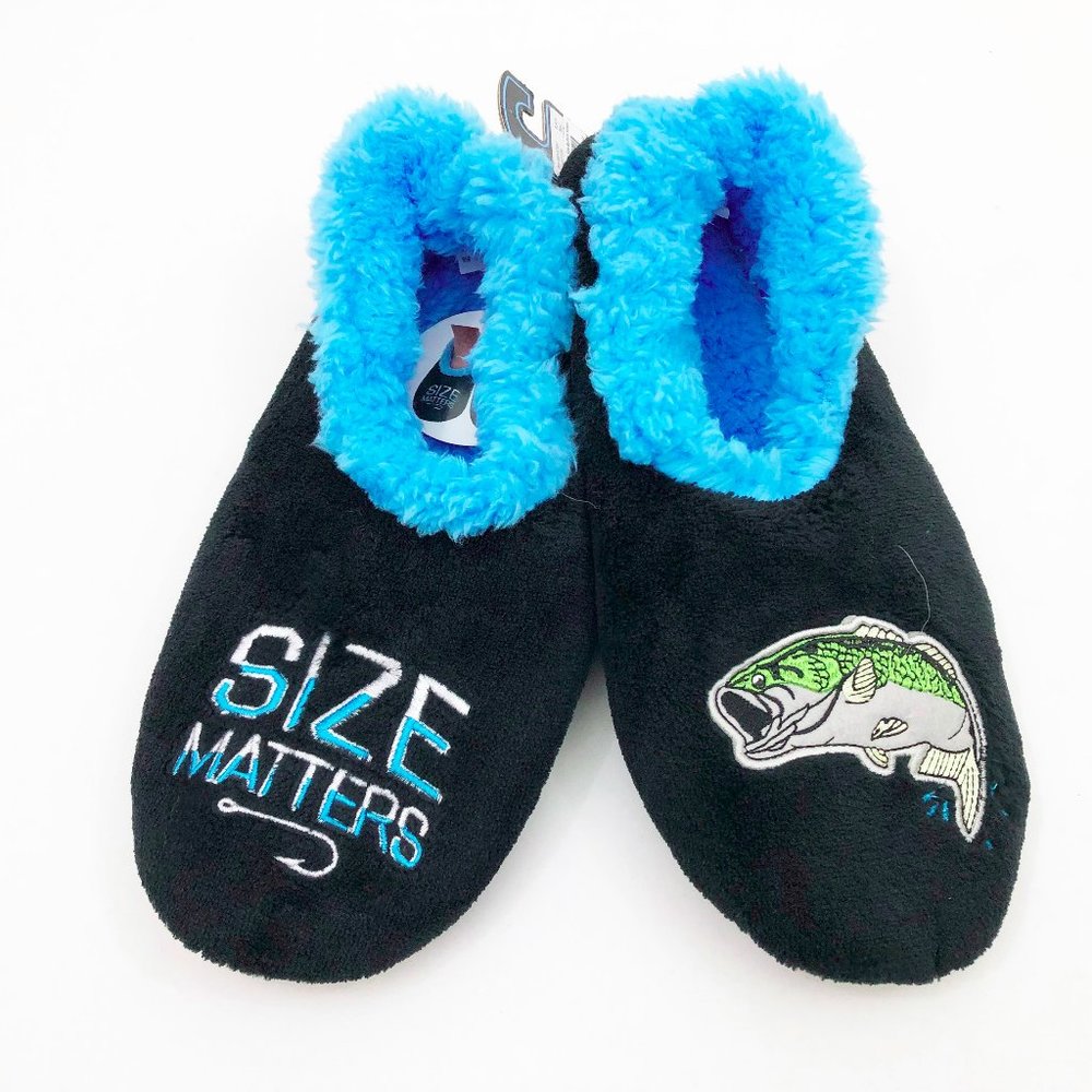 NWT Snoozies Men's Slippers Size Matters Fishing Large 11/12 Black